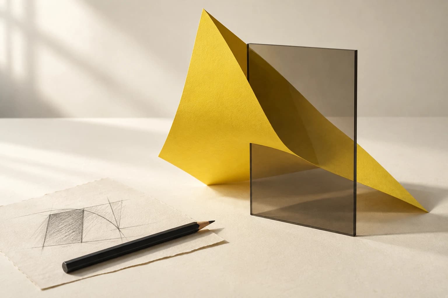 Papier jaune sculpté, verre fumé et croquis au graphite : l’intention avant l’outil